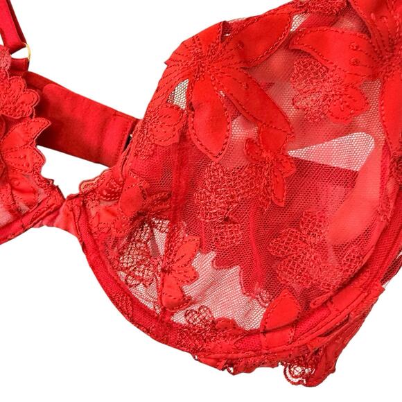 Victorias Secret Low Cut Demi Bra Unlined SIZE 36D Red Lacy Sheer Womens Mesh - Picture 5 of 11